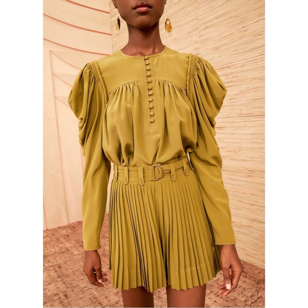 Ulla Johnson Silk Long-Sleeve Green Button-Front Lela Blouse